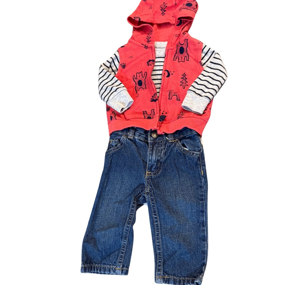 Carter's Coral Red Hooded Vest, Striped Long Sleeve Top and‎ Denim Jeans Sz 6mth